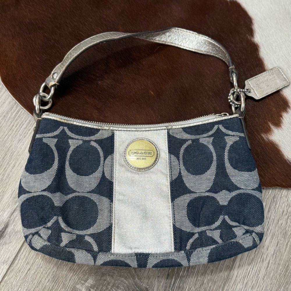 Vintage Y2k Coach Blue Denim And Metallic Satchel Bag With Crossbody Strap